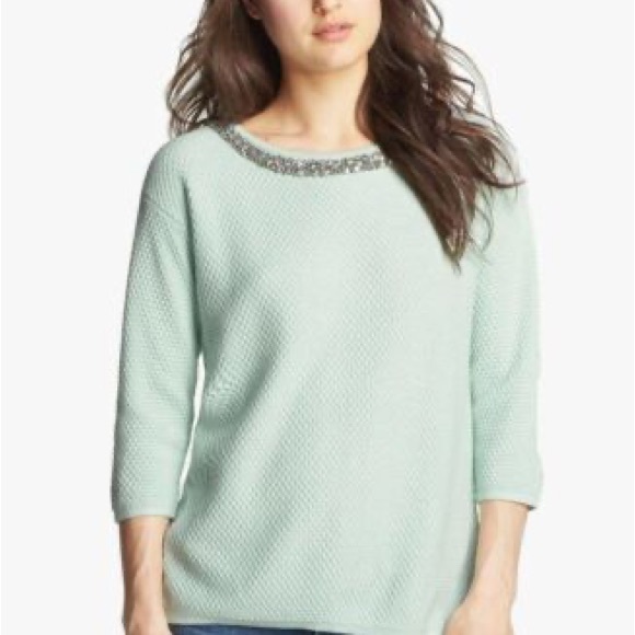 Hinge Nordstrom jeweled neckline waffled 3/4 sleeved split back knit sweater XS - Picture 2 of 11